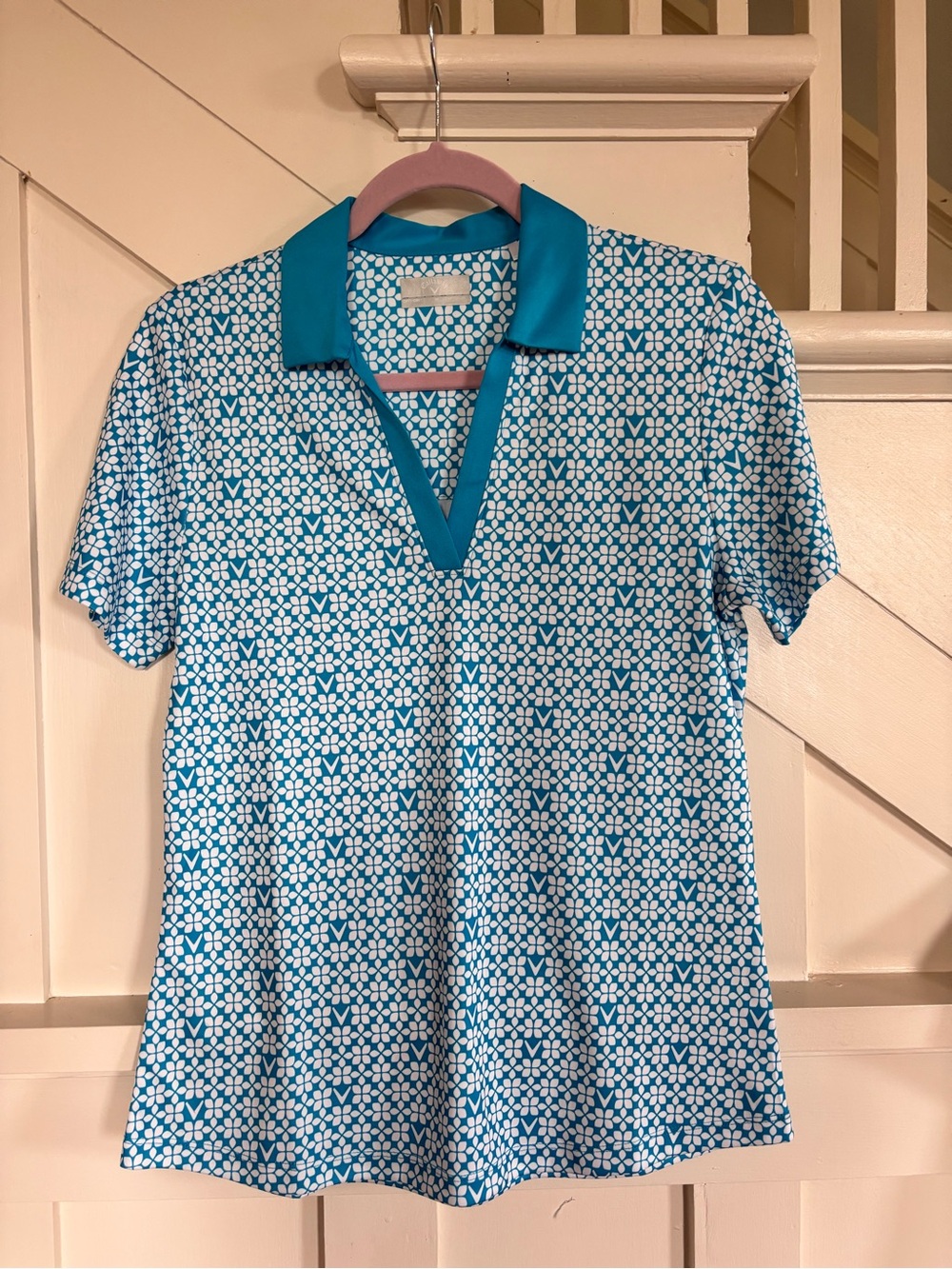 Callaway Golf Teal & White Patterned V-Neck Polo Tank